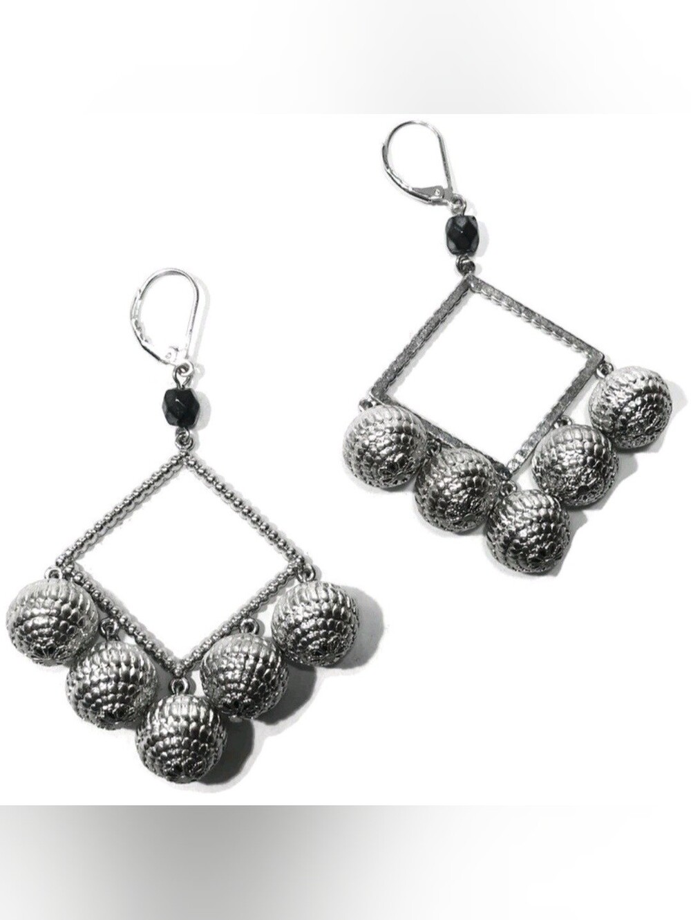 Fab 70's Vintage Silver Toned 5 Metal Bead w/Black Crystal Accent Bead Earrings
